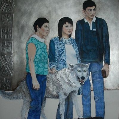 "Le loup kazakh" or gris et peinture à la colle de peau sur bois
