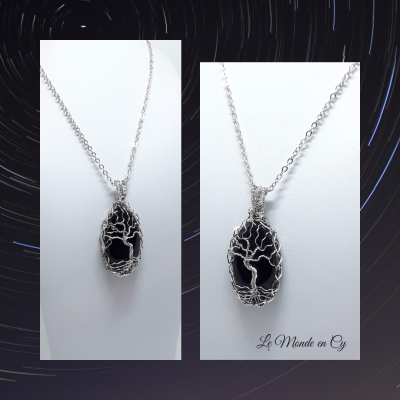 cabochon obsidienne midnight lace arbre de vie sur tresse