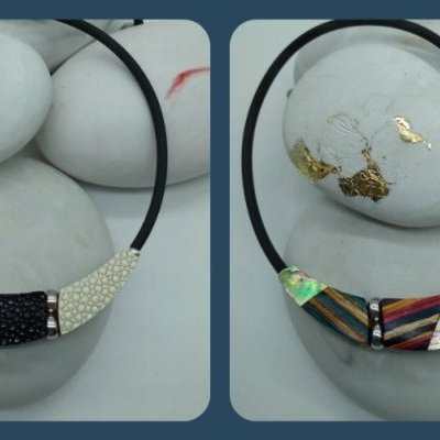 Collier galuchat bois lamé collé ormeaux bretagne Abalone nll zélande