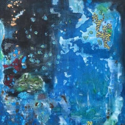 Xirkys Peinture acrylique bleu noir Voyage intérieur Support toile 38 x 46cm