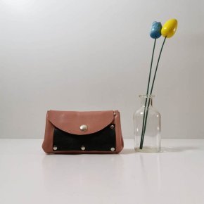 9 Mini compagnon cuir de vachette rose et cuir de veau noir porte monnaie ferme